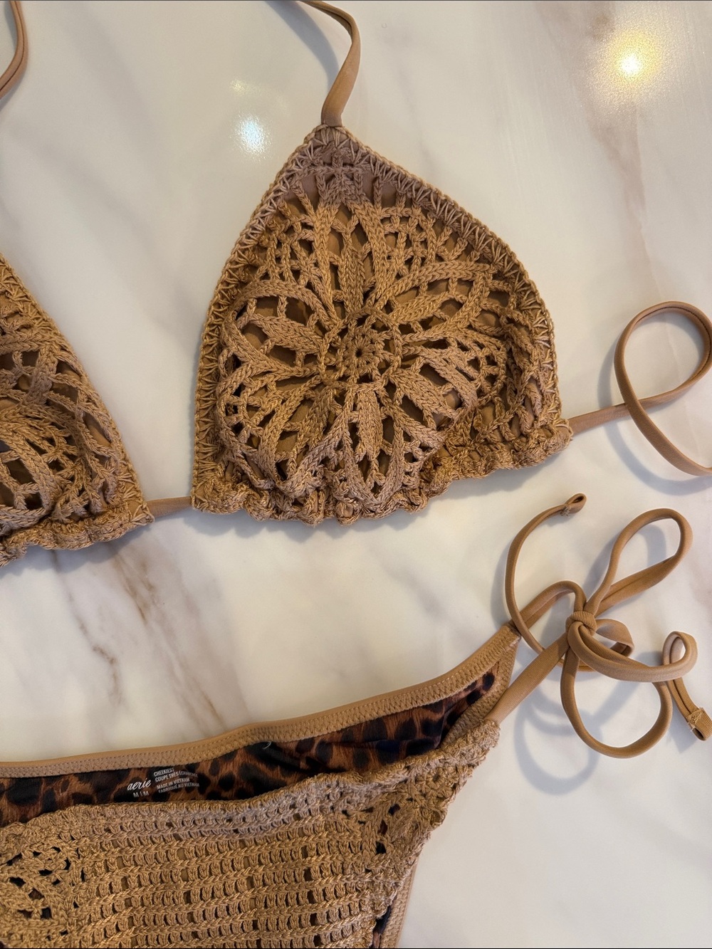 Aerie Sun Lovers Crochet Bikini Top and Tie-Side Bottoms Set Medium Beach Dune - Picture 8 of 16